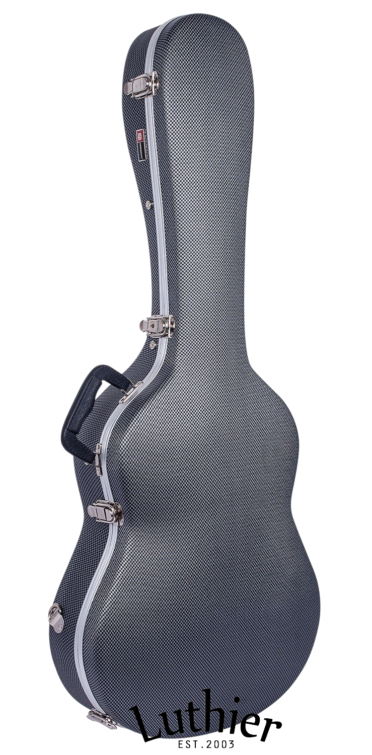 A Luthier hard case for a stringed instrument, shown in profile against a white background. The case has a textured gray & black exterior with a white stripe along the edge and silver metal latches.