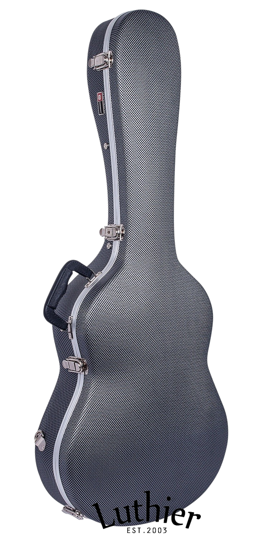 A Luthier hard case for a stringed instrument, shown in profile against a white background. The case has a textured gray & black exterior with a white stripe along the edge and silver metal latches.