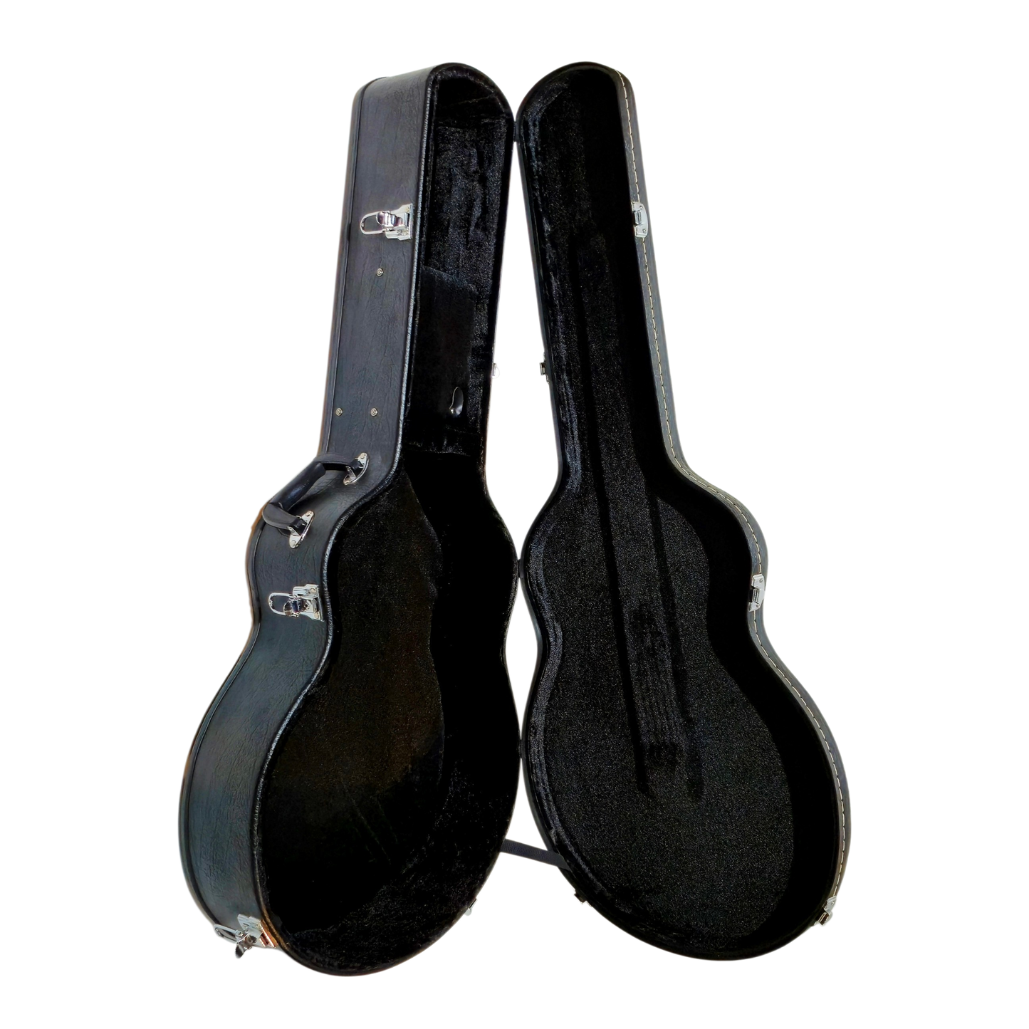 Jumbo size or 12-strings Acoustic guitar or Full Jazz Guitar Size in Wooden Black Leatheroid Hard Case, inner padding in black fleece interior, additional padding from fretboard thru saddle/bridge, neck support & compartment for accessory, chrome hardware