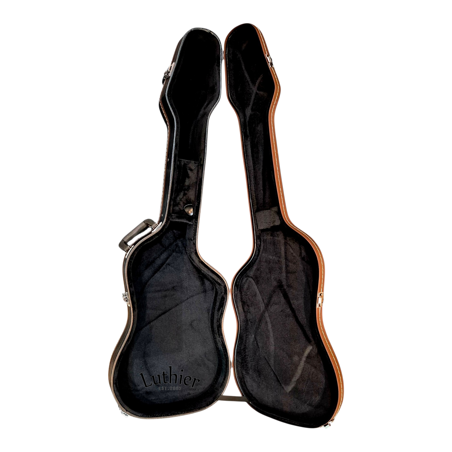 An open black guitar case with a brown leatherette edge, shown against a plain white background. The brand name 'Luthier' is embossed on the interior bottom panel.