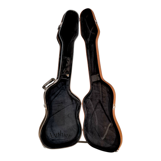 An open black guitar case with a brown leatherette edge, shown against a plain white background. The brand name 'Luthier' is embossed on the interior bottom panel.