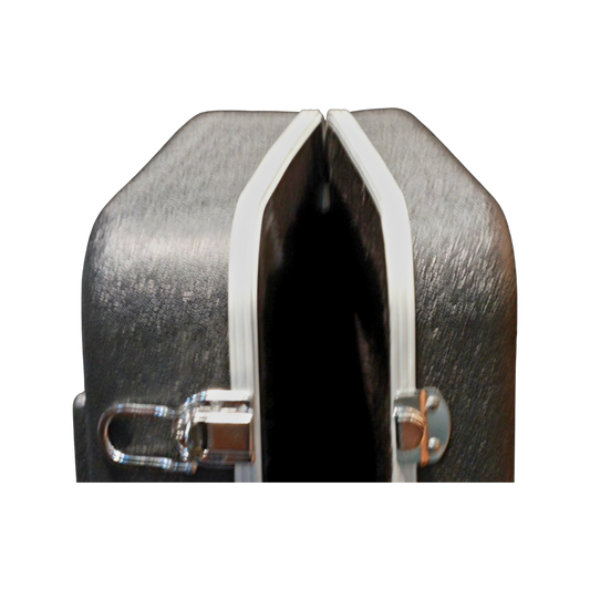 A close-up of a black textured hard case with a hinged split design, showing white aluminium trim enforcement along the seam and chrome metal latches on a plain white background.