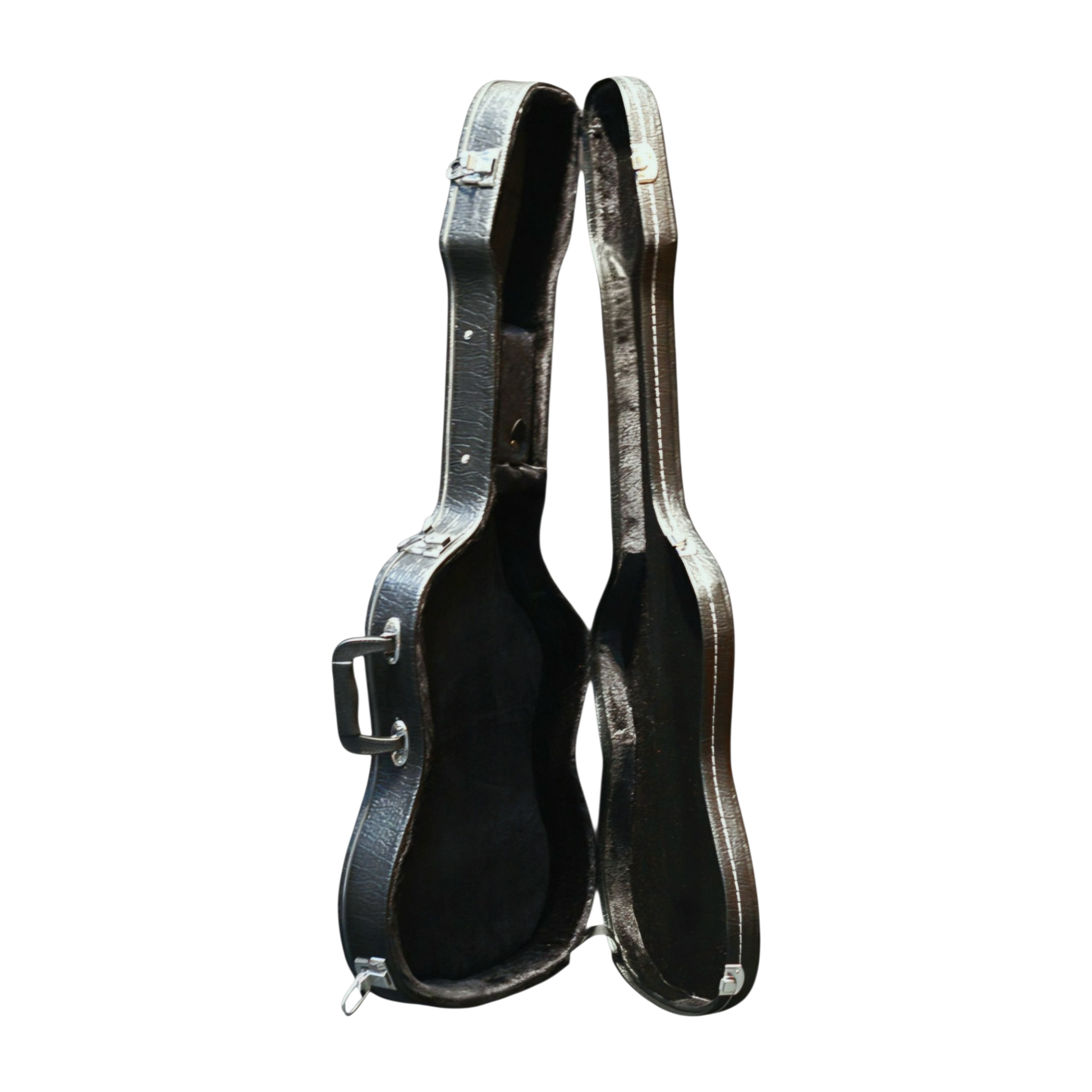 An open black guitar case standing vertically with a neck rest / compartment, showing both the exterior black leatheroid shell and the interior black fleece lining.