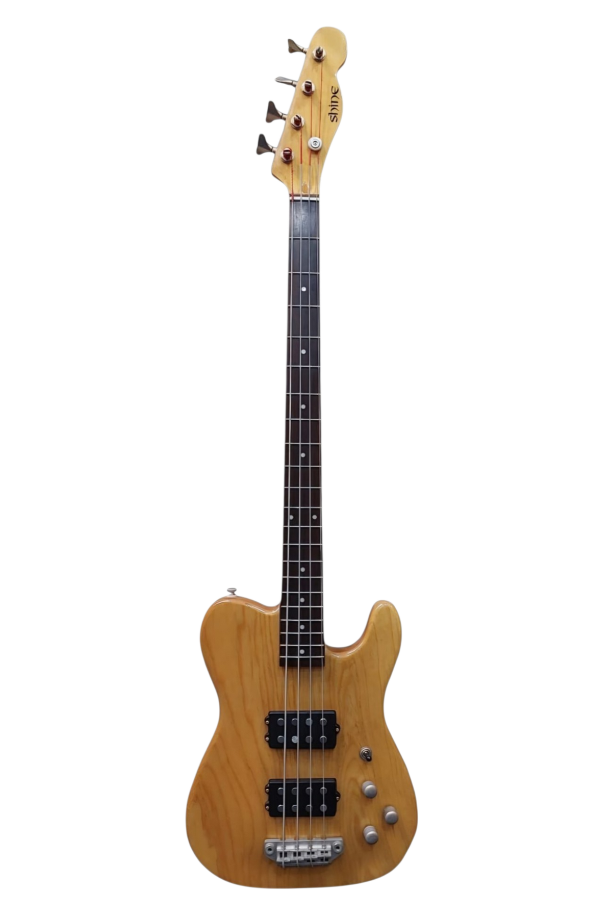 A premium swamp-ash wood four-string bass guitar with a dark fretboard, dual bars powerful pickups, and silver hardware, shown against a plain white background.