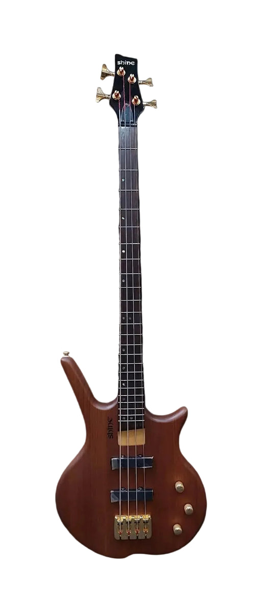 Electric bass guitar with a premium solid Walnut body satin finish gold hardware