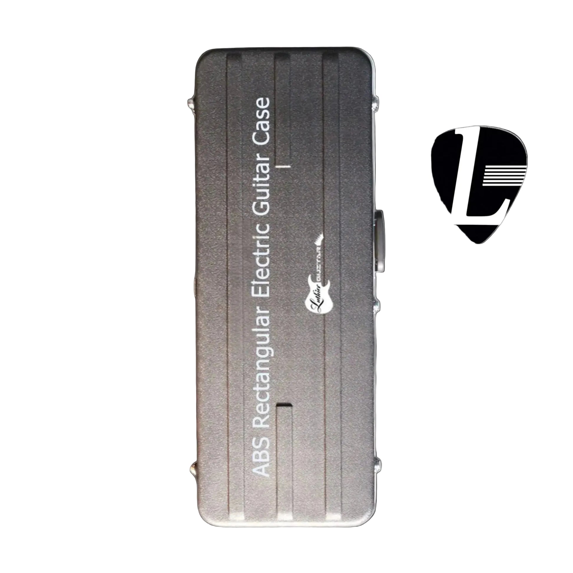 A sturdy rock solid rectangular electric guitar case in black ABS exterior finish, shown on a plain white background. The case features vertical ridges, white text reading 'ABS Rectangular Electric Guitar Case' and chrome legs & locks along with a small guitar logo.