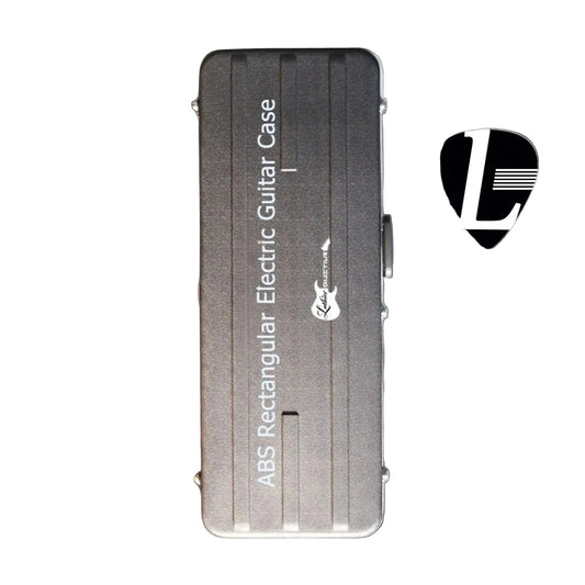 A sturdy rock solid rectangular electric guitar case in black ABS exterior finish, shown on a plain white background. The case features vertical ridges, white text reading 'ABS Rectangular Electric Guitar Case' and chrome legs & locks along with a small guitar logo.