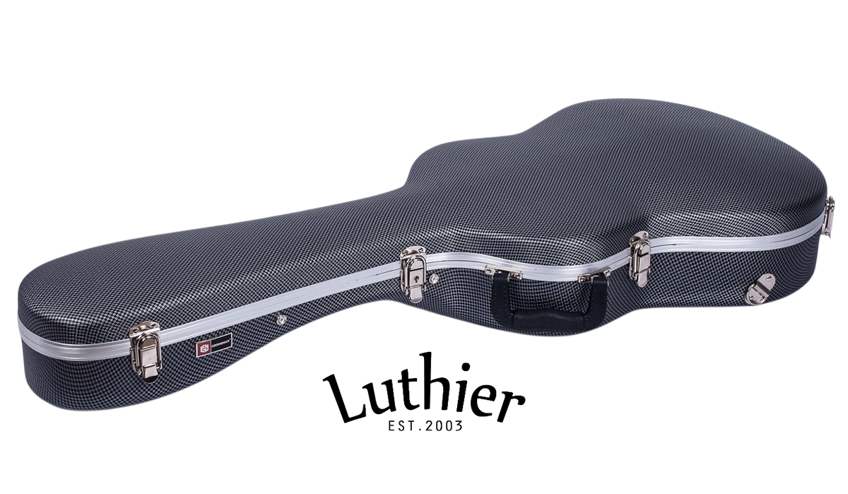 A Luthier approved acoustic guitar hard case with a textured gray and black pattern, ABS and Polycarbonate for great guitar vault, featuring silver metal latches and a black handle, shown on a white background with the Luthier logo below.