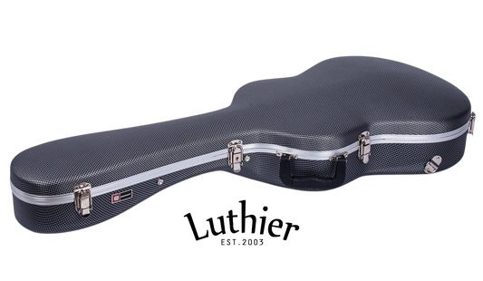 A Luthier approved guitar hard case with a textured gray and black pattern, ABS/PC for great guitar vault, featuring silver metal latches and a black handle, shown on a white background with the Luthier logo below.