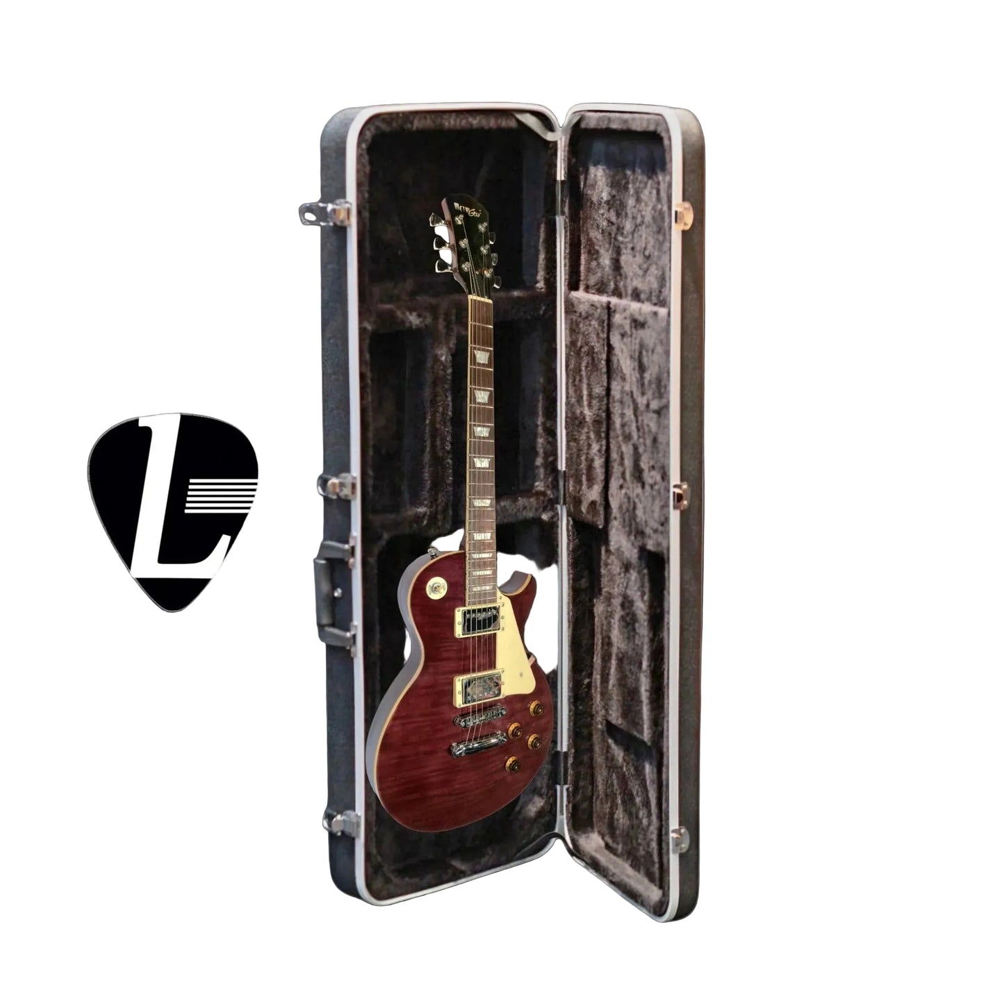An open Luthier hard guitar case exposing an  ample squarish space for any electric guitars, made of Expanded polystyrene (EPS) shock absorber wrap in thick black fleece with the Luthier brand logo on both sides. There is a Les Paul wine red flame top electric guitar inside the case