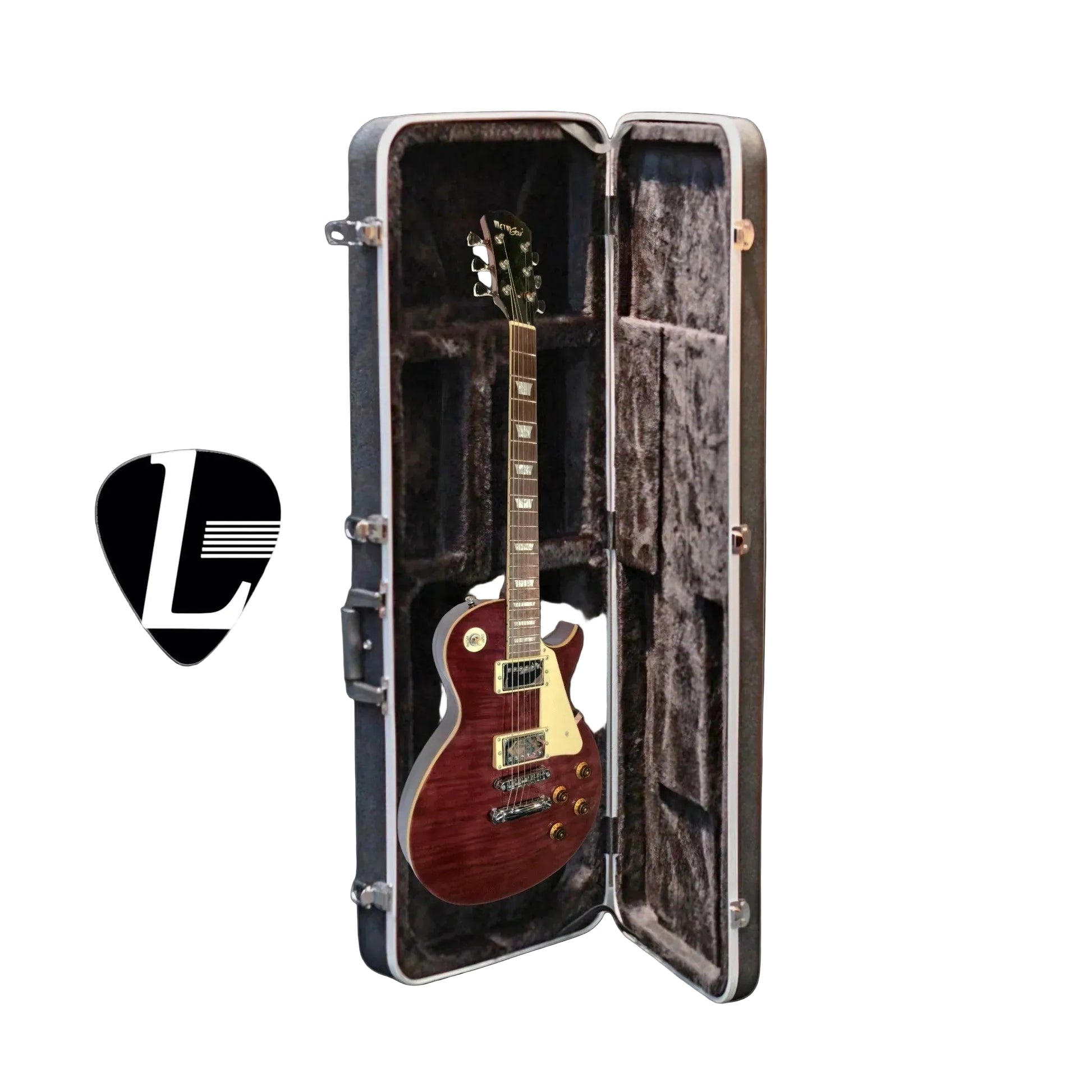 An open Luthier hard guitar case exposing an  ample squarish space for any electric guitars, made of Expanded polystyrene (EPS) shock absorber wrap in thick black fleece with the Luthier brand logo on both sides. There is a Les Paul wine red flame top electric guitar inside the case