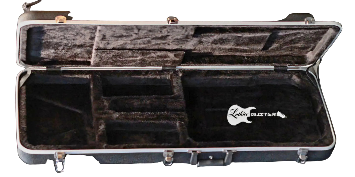 An open rectangular hard electric guitar case with a black interior Expanded PolyStyrene padding and plush black fleece. Ample squarish body cavity fits for most electric guitar shapes. Ample squarish head cavity for all head shapes. 2 pcs of ample cavities space for accessories & padded neck support groove