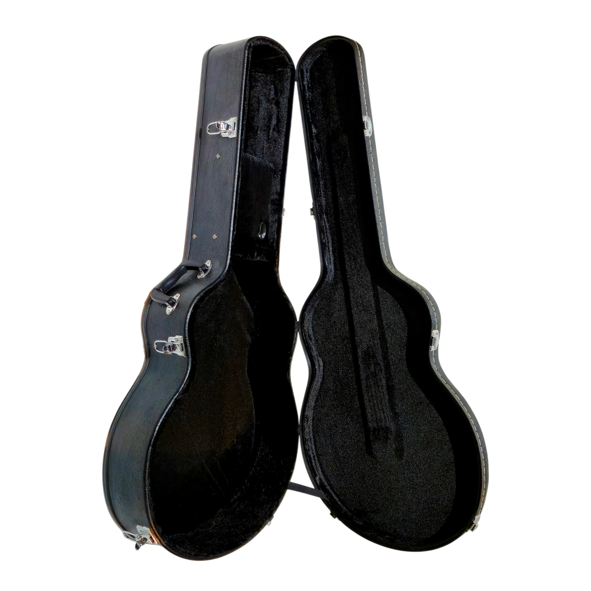 Jumbo size or 12-strings Acoustic guitar or Full Jazz Guitar Size in Wooden Black Leatheroid Hard Case, inner padding in black fleece interior, additional padding from fretboard thru saddle/bridge, neck support & compartment for accessory, chrome hardware