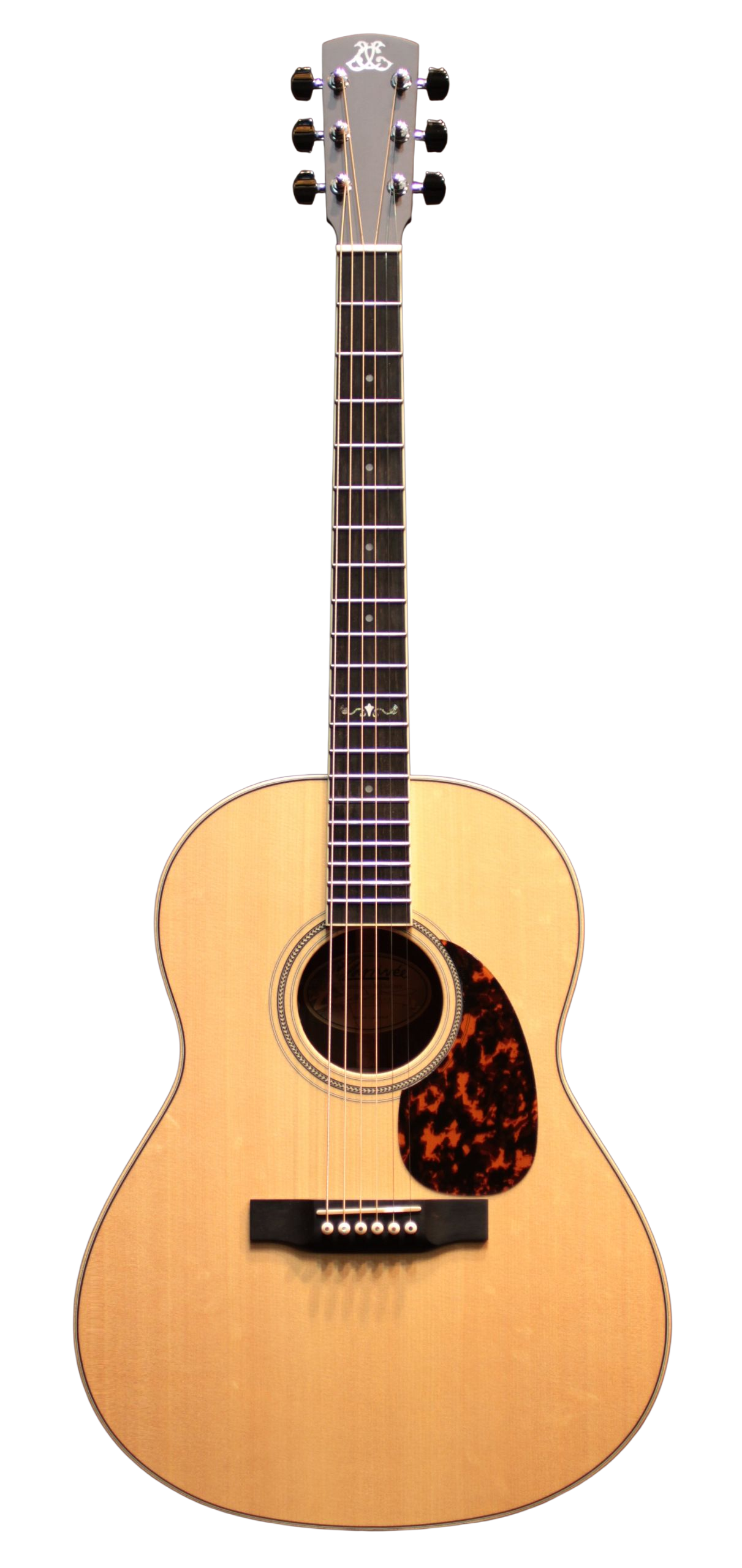 Acoustic guitar with a tortoiseshell pickguard JCL logo on head on a white background