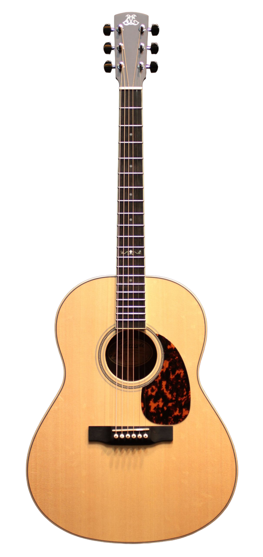 Acoustic guitar with a tortoiseshell pickguard JCL logo on head on a white background