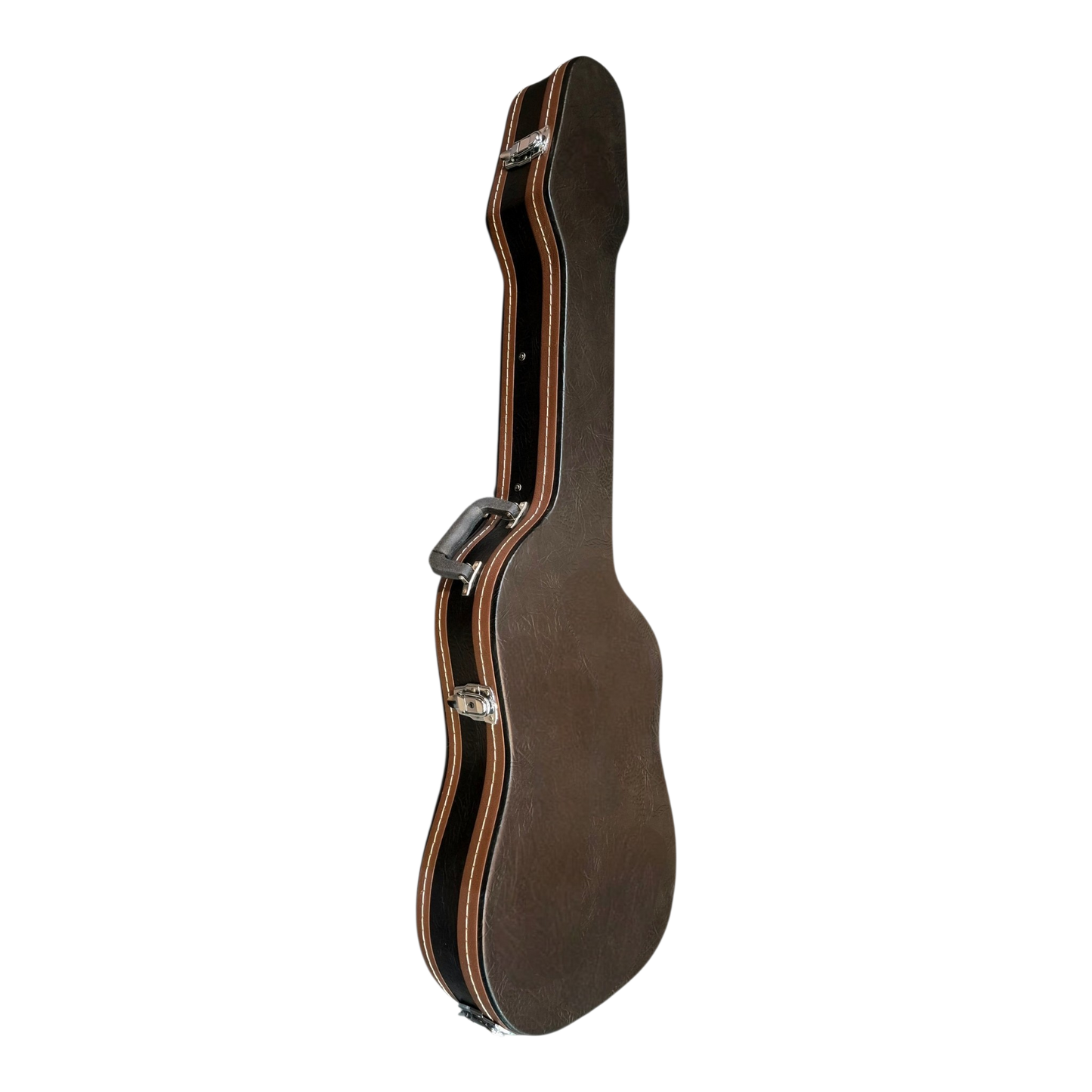 A black leatheroid Bass guitar case with brown leatheroid linings at either sides, chrome metal latches and hinges, shown vertically against a plain white background.