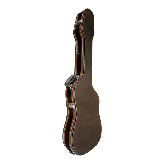 A black leatheroid Bass guitar case with brown leatheroid linings at either sides, chrome metal latches and hinges, shown vertically against a plain white background.
