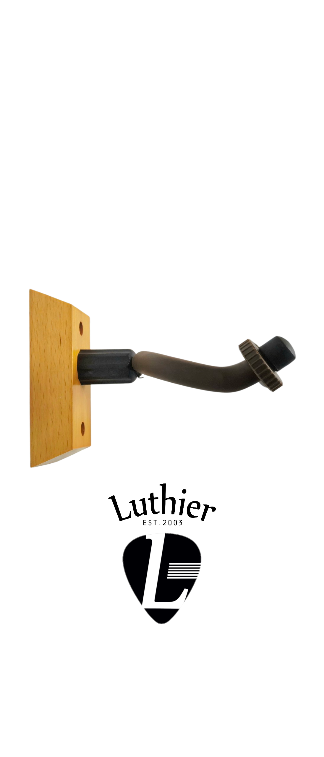 A wall-mounted double hook with a light wood rectangular backplate, black mounting sleeve, and dark metal curved hooks with adjustment knobs, high density rubber coated yoke with 2 ring rubber stoppers. Luthier since 2003 with L in pick shape logo
