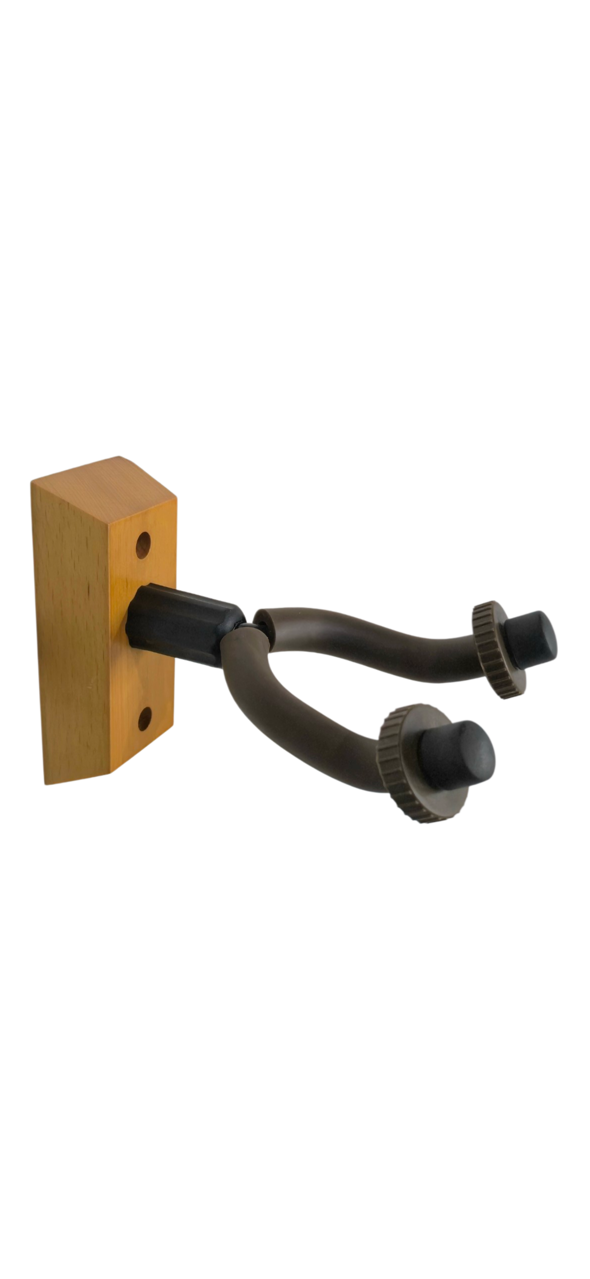 A wall-mounted double hook with a light wood rectangular backplate, black mounting sleeve, and dark metal curved hooks with adjustment knobs, high density rubber coated yoke with 2 ring rubber stoppers