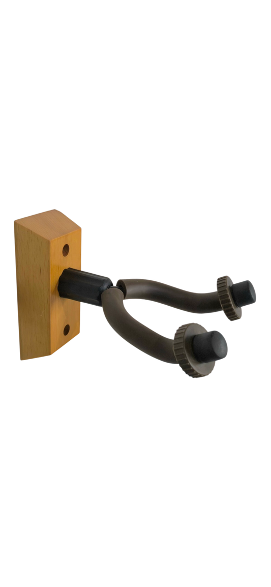 A wall-mounted double hook with a light wood rectangular backplate, black mounting sleeve, and dark metal curved hooks with adjustment knobs, high density rubber coated yoke with 2 ring rubber stoppers