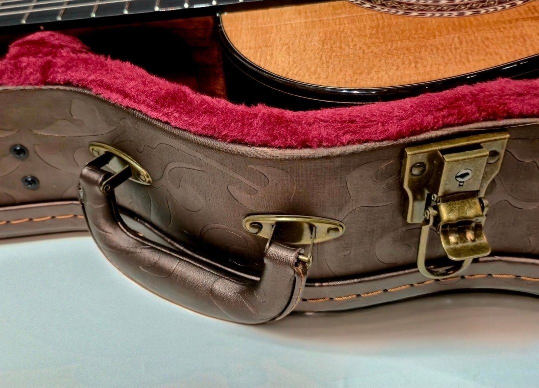 Close-up of a brown embossed guitar case with a bright redcplush lining and brass-tone latch hardware, with part of an ALTO guitar visible inside.