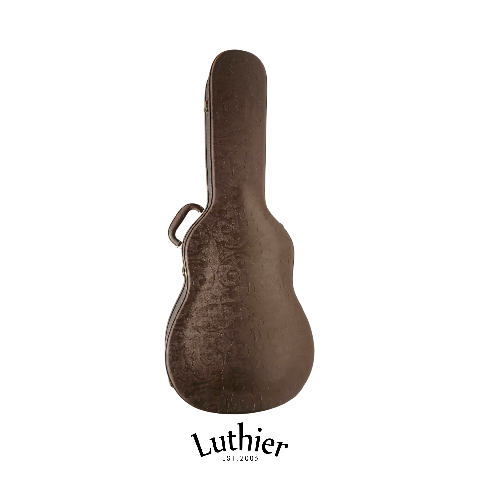 A brown Luthier guitar case with an embossed leatheroid floral pattern, bronze metal Locks, Hinges with the Luthier brand logo below