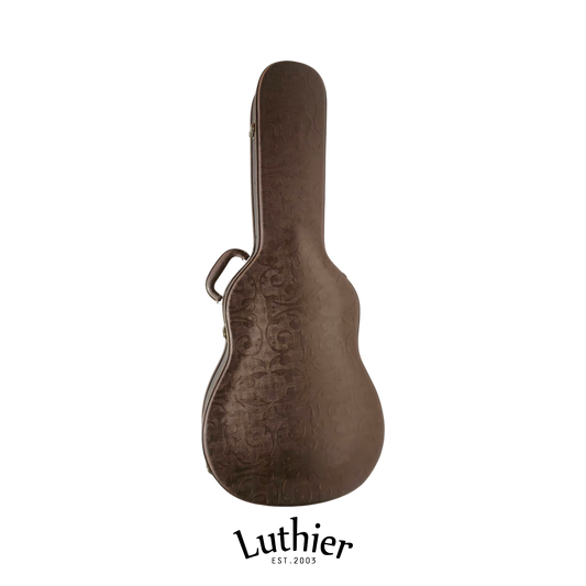 A brown Luthier guitar case with an embossed leatheroid floral pattern, bronze metal Locks, Hinges with the Luthier brand logo below