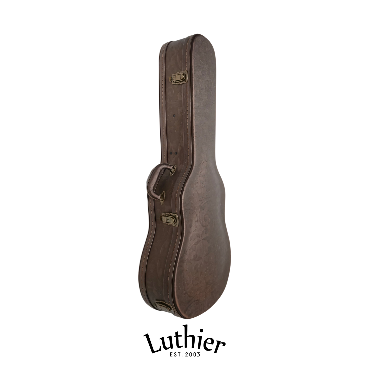 A brown Luthier guitar deluxe hardcase fits for Alto, half, 3/4-sizes guitars with brass-tone hardware, shown upright on a white background with the Luthier logo below.