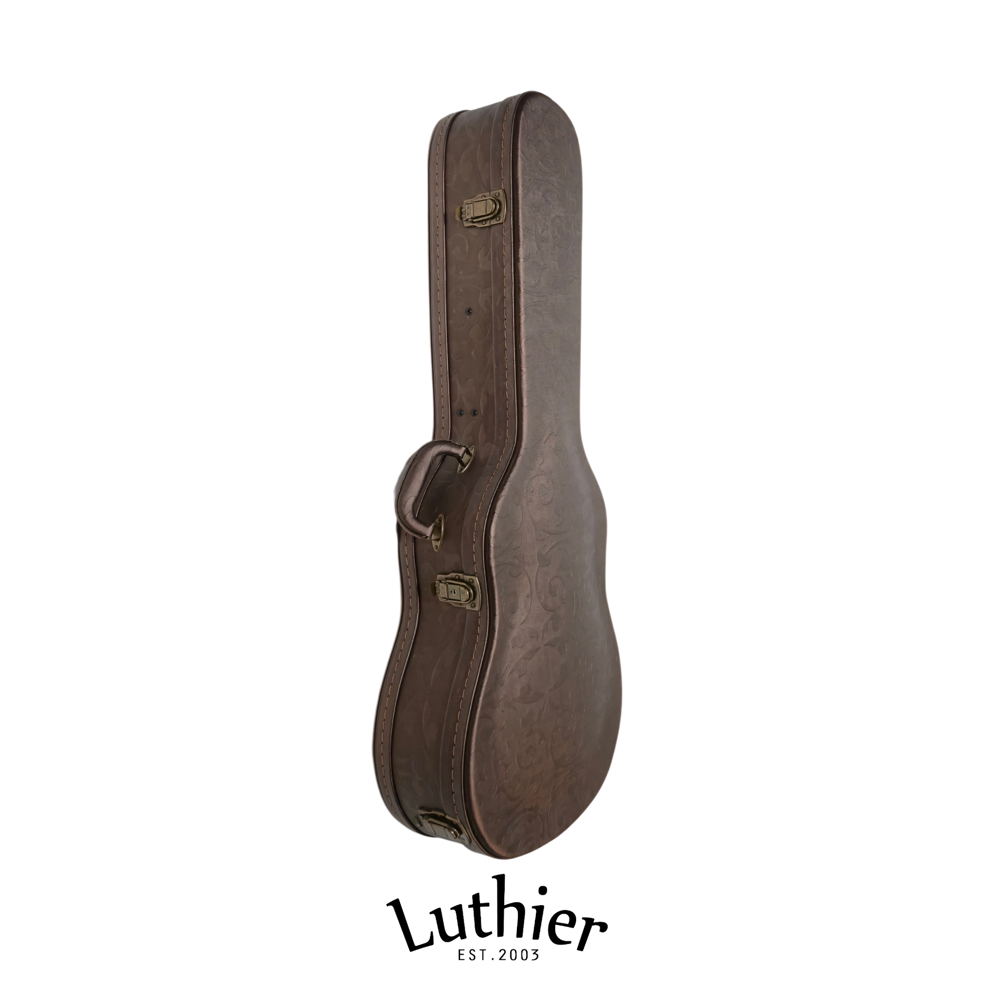 A brown Luthier guitar deluxe hardcase fits for Alto, half, 3/4-sizes guitars with brass-tone hardware, shown upright on a white background with the Luthier logo below.