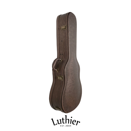A brown Luthier guitar deluxe hardcase fits for Alto, half, 3/4-sizes guitars with brass-tone hardware, shown upright on a white background with the Luthier logo below.