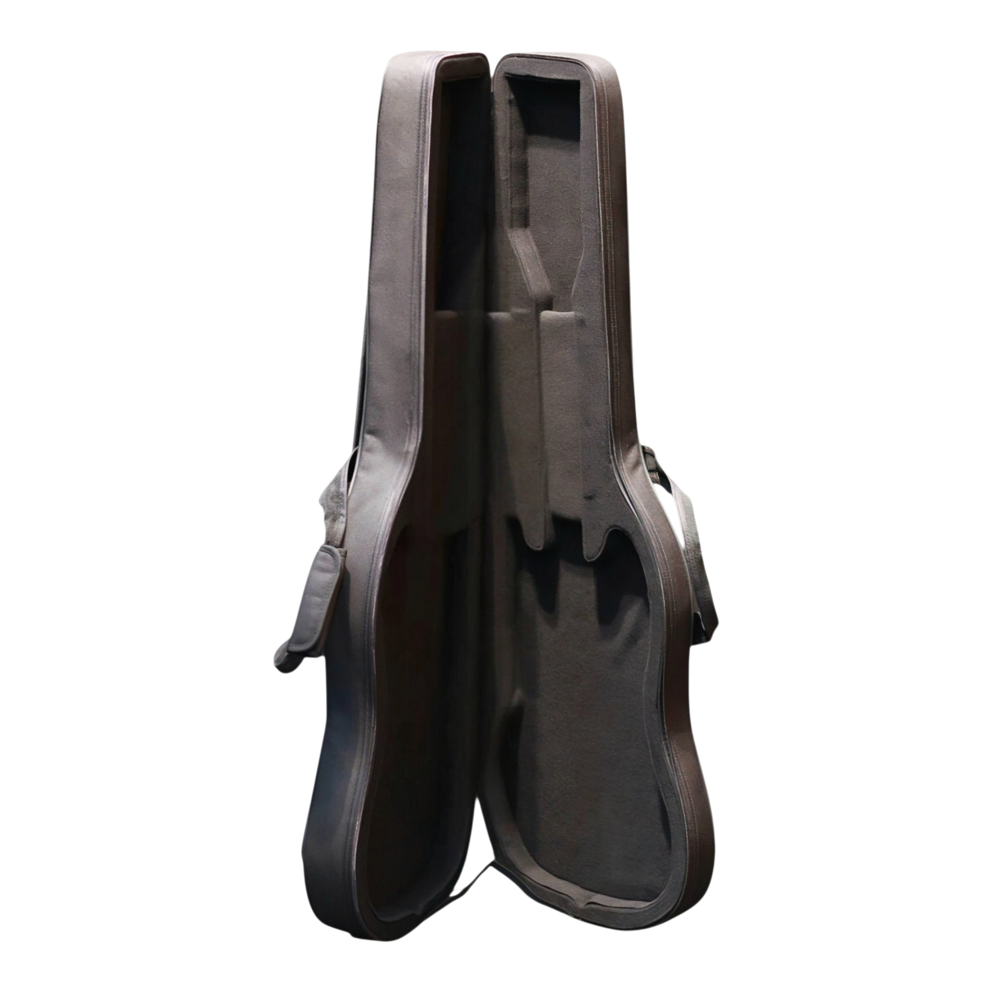 An open hard guitar case with EOS molded padded interior and shoulder straps, fits or any dual and single cutaway electric guitars