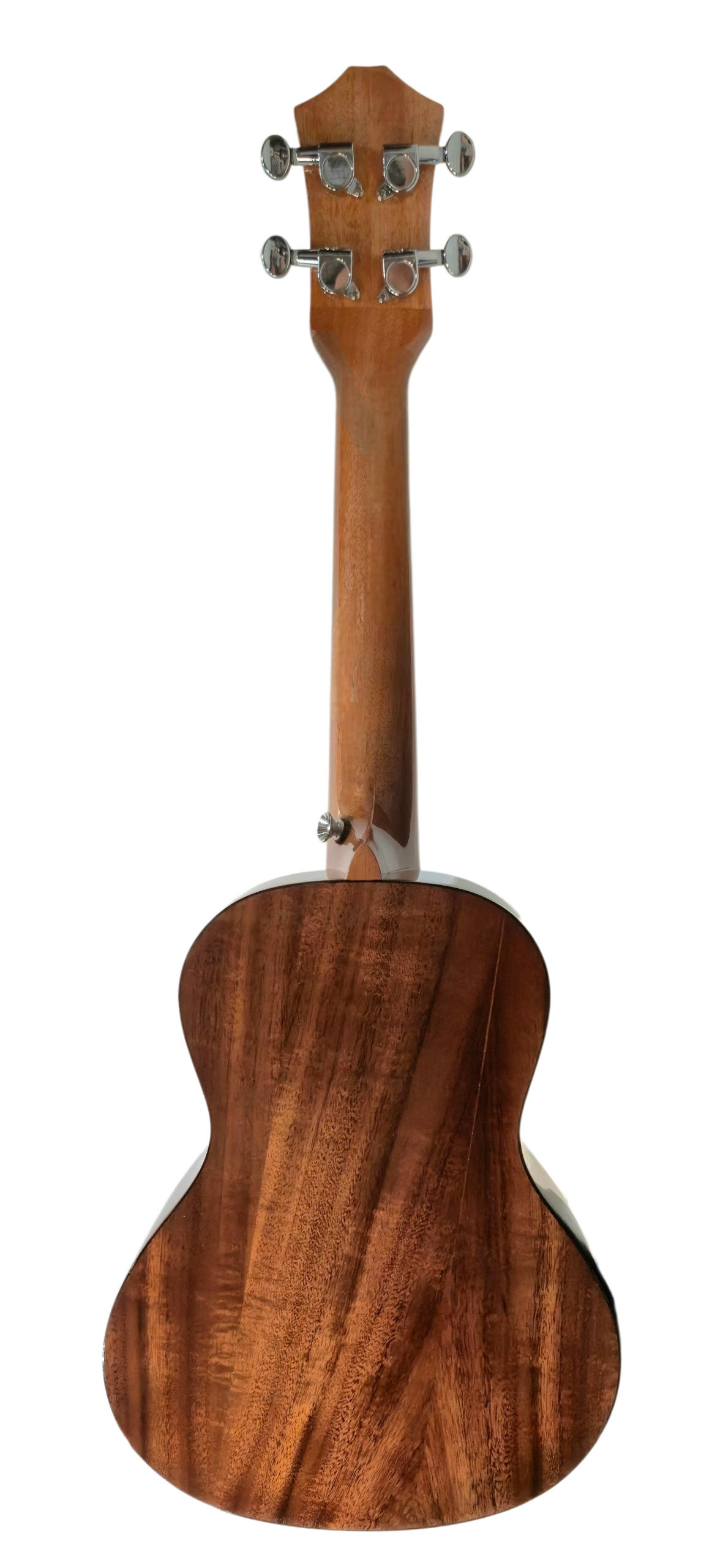 The back view of a Luthier UC-KOA 24" Concert ukulele with a rich Koa wood grain gloss finish, featuring four metal tuning pegs on a solid white background.