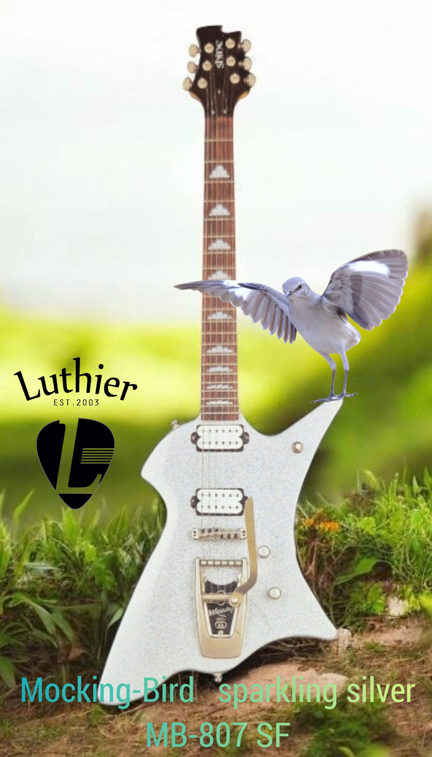 MB807-SF Mockingbird Electric Guitar — Sparkling Silver premium finish, high grade Wigsby Tremolo all nickle hardware