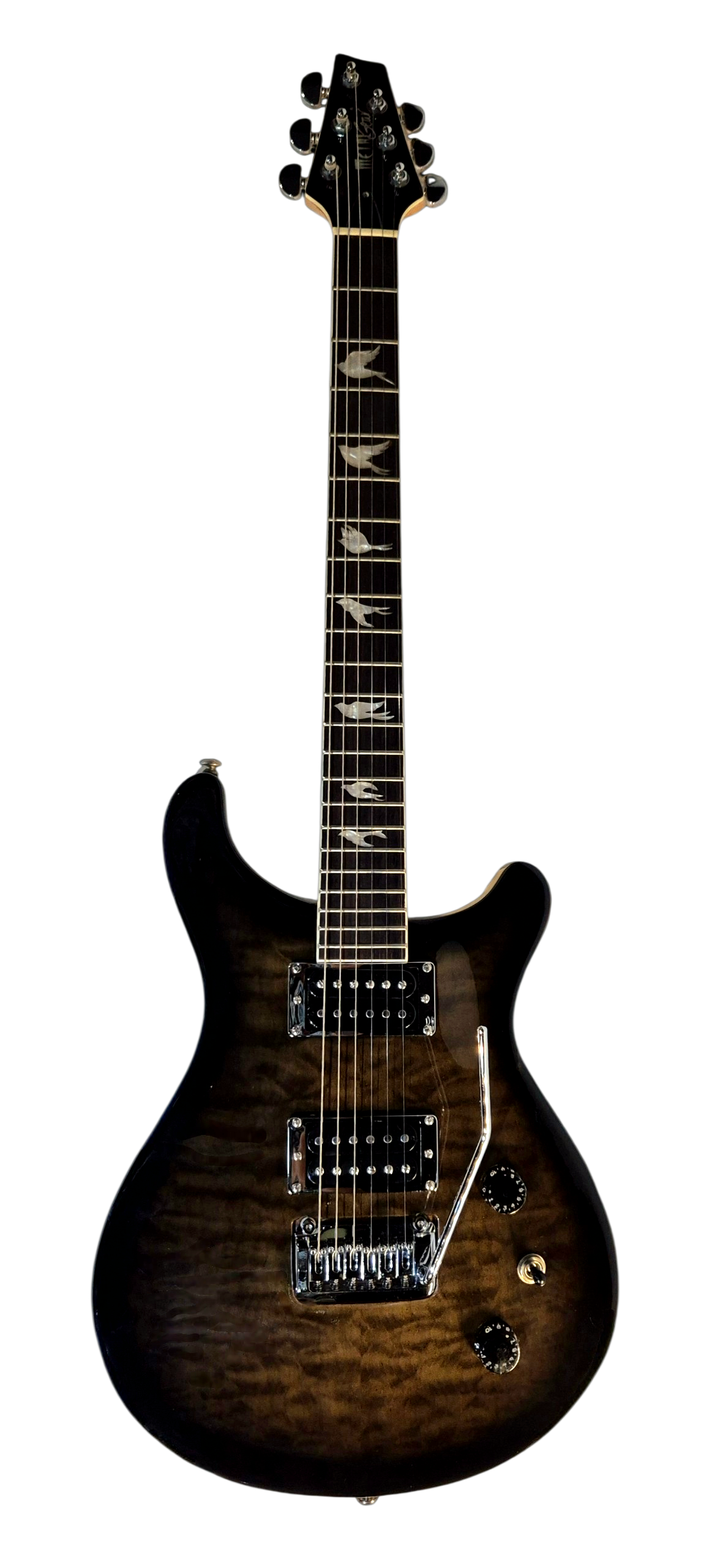 MetalGear-MTG-DLXQBS premium QuiltedMaple Arch Top, Double Hambucking Chrome Frame Bridge Fulcrum, Dove Frets Mark