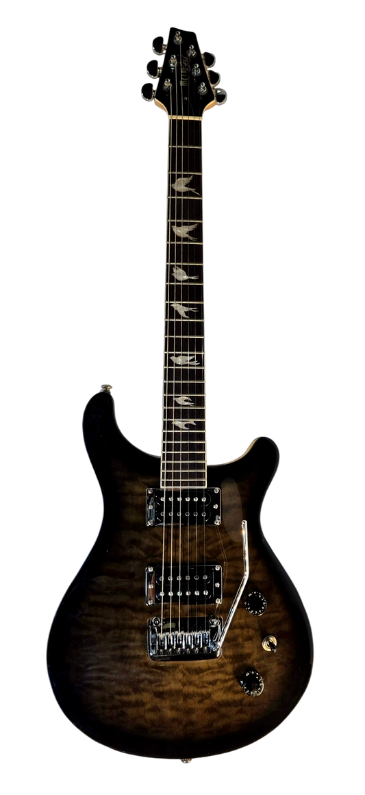 MetalGear-MTG-DLXQBS premium QuiltedMaple Arch Top, Double Hambucking Chrome Frame Bridge Fulcrum, Dove Frets Mark