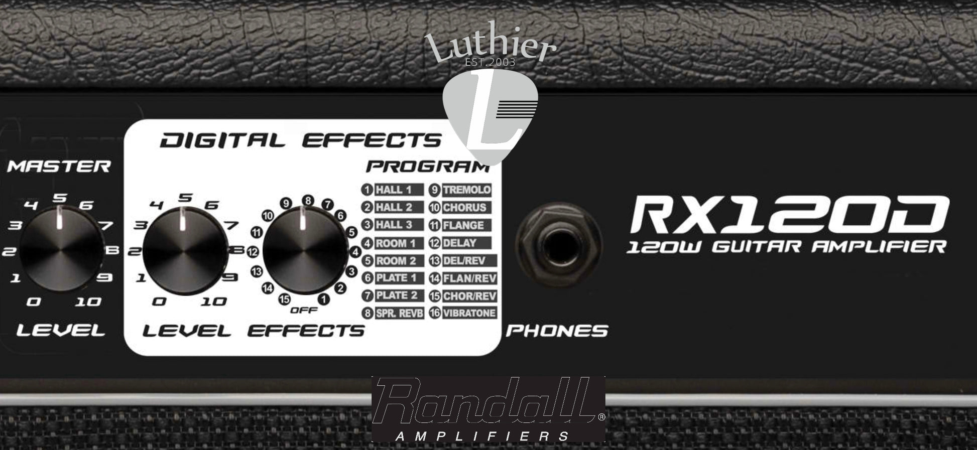 Guitar amplifier with digital effects panel and Luthier branding