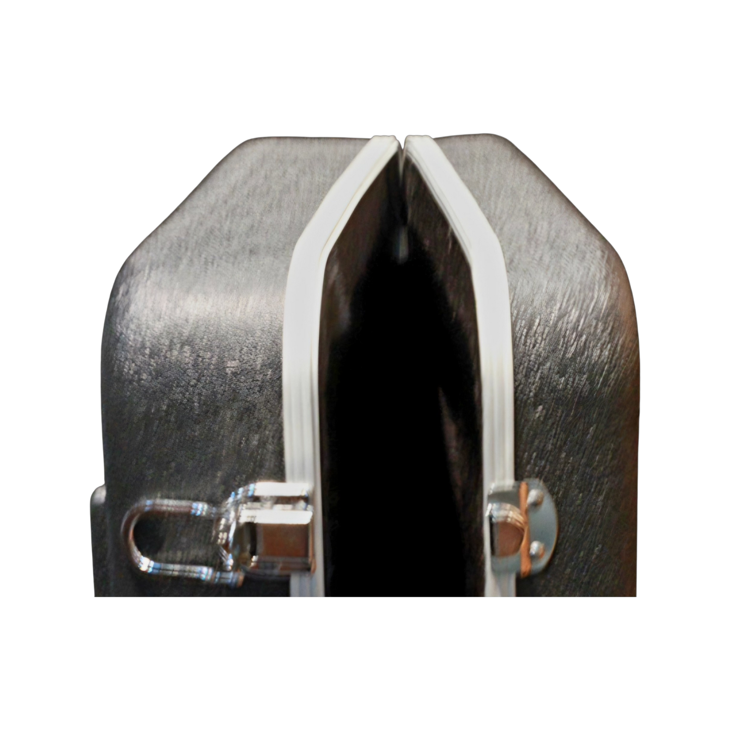 A close-up of a black textured hard case with a hinged split design, showing white aluminium trim enforcement along the seam and chrome metal latches on a plain white background.