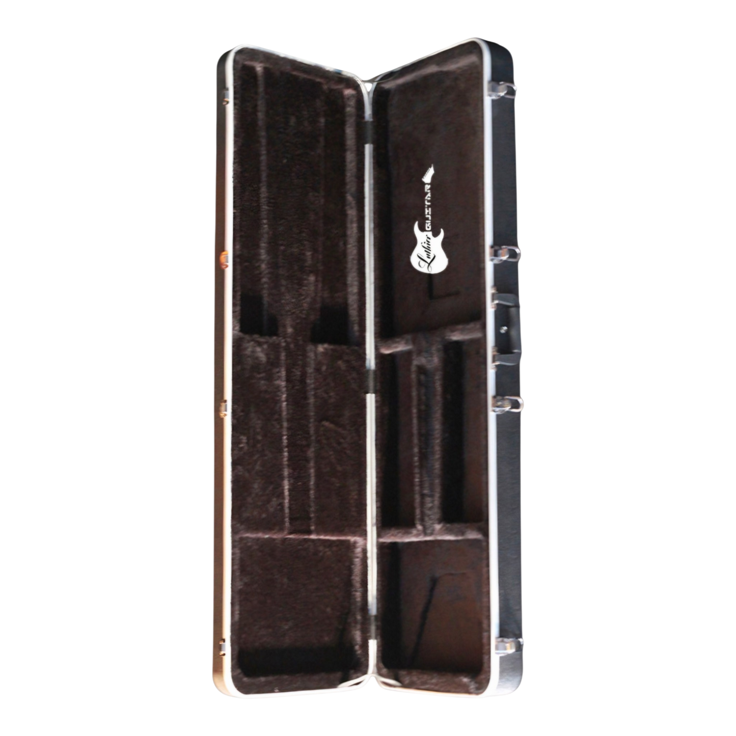 An open Bass Rectangular hard guitar case with a black exterior and  EPS padded with a black plush fleece interior, featuring a white guitar graphic belong to Luthier brand