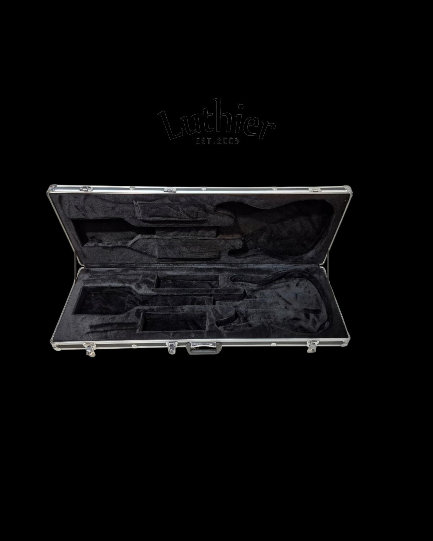 An open hard carrying case with Strats Molded upper & lower cavities made of high density polystirene foam wrap with black plush interior. The Luthier Est.2003 brand