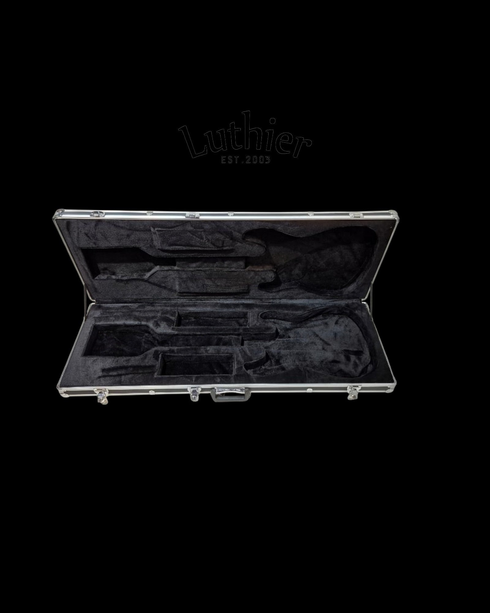 An open hard carrying case with Strats Molded upper & lower cavities made of high density polystirene foam wrap with black plush interior. The Luthier Est.2003 brand