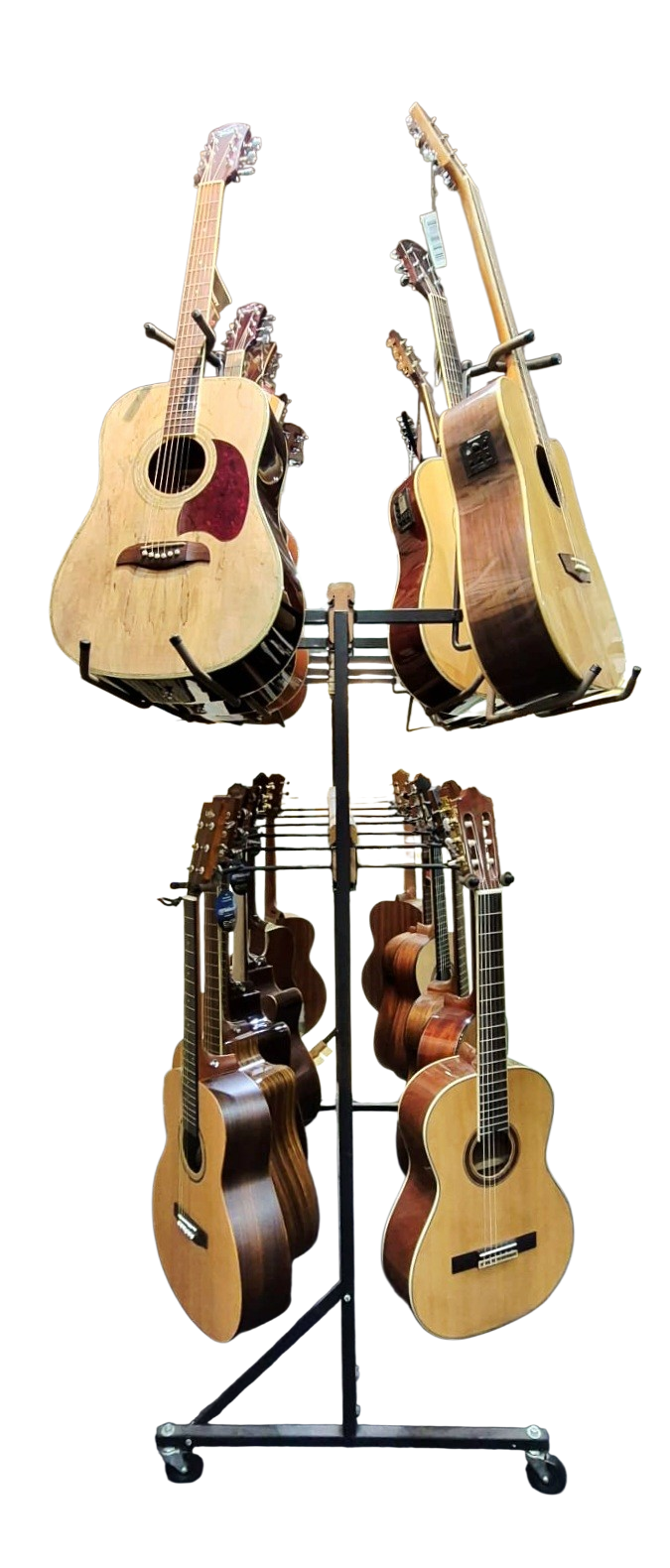 stringswing-ccar-22-heavy-duty-22pcs-acoustic and classic-guitars-rack-display with 4 wheels
