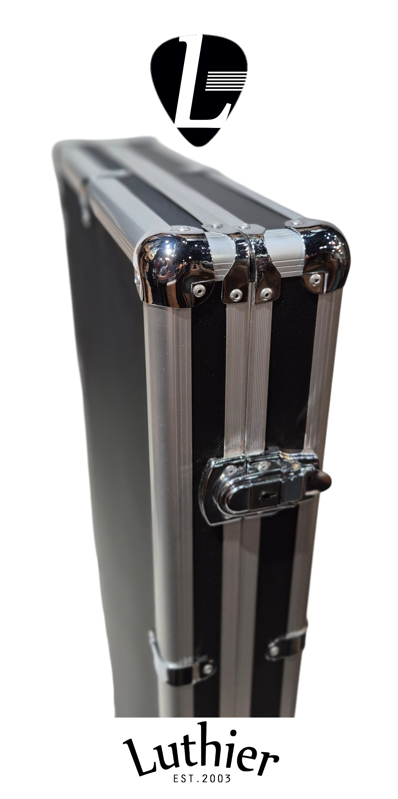 Close-up of a Luthier travel rect hardcase corner showing a black ABS and aluminum bars & metal chrome corners construction with a chrome lock, on a white background with Luthier branding.