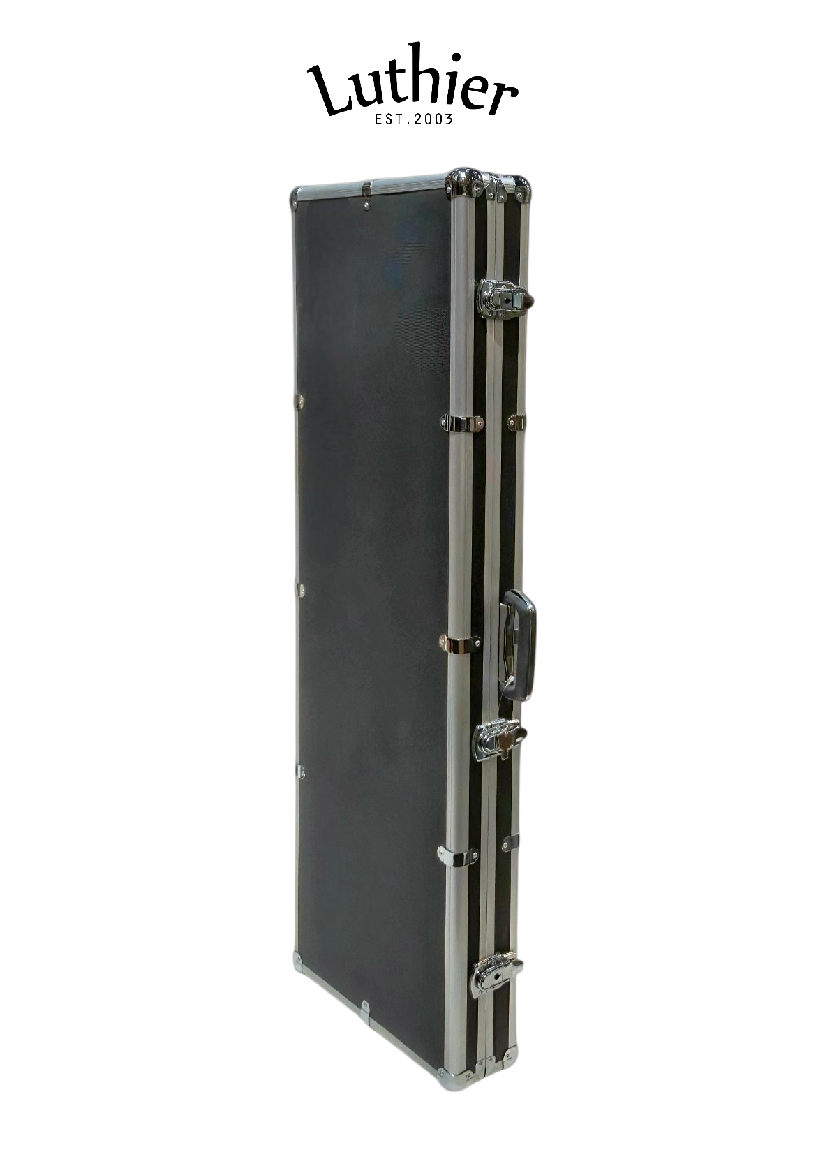 A heavy duty black Rectangular hard case with full aluminium bars perimeter, corner protectors, 16 metal elbow clamps and a sturdy moulded side handle, shown on a white background with the Luthier logo above it.