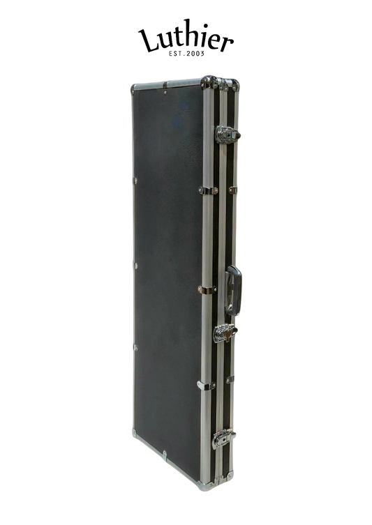 A heavy duty black Rectangular hard case with full aluminium bars perimeter, corner protectors, 16 metal elbow clamps and a sturdy moulded side handle, shown on a white background with the Luthier logo above it.