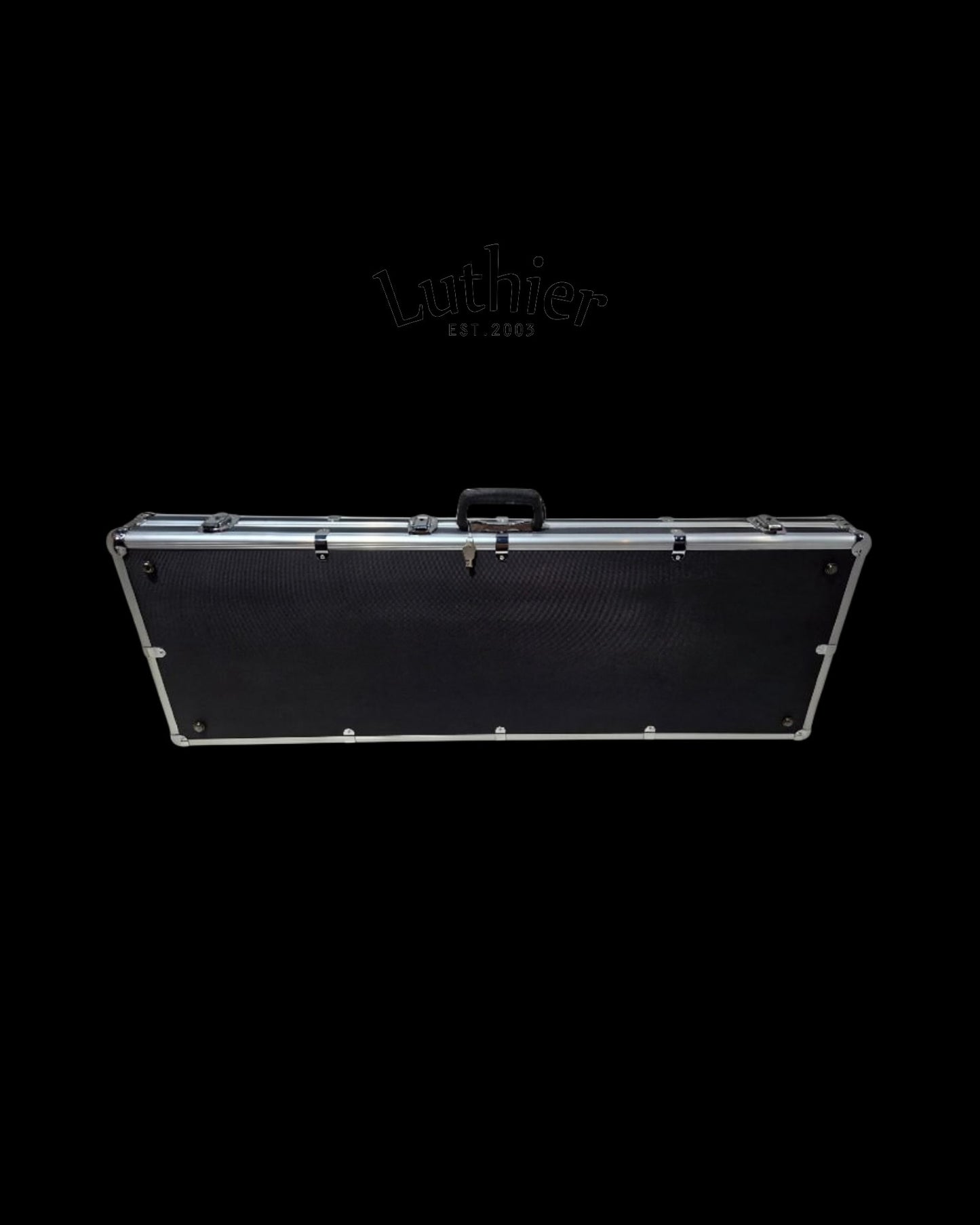 A black durable ABS / Aluminium Frames Rectangular Electric guitar hard case with aluminium / chrome metal trim and handle, shown against a solid black background with a brand 'Luthier Est. 2023' watermark above it.
