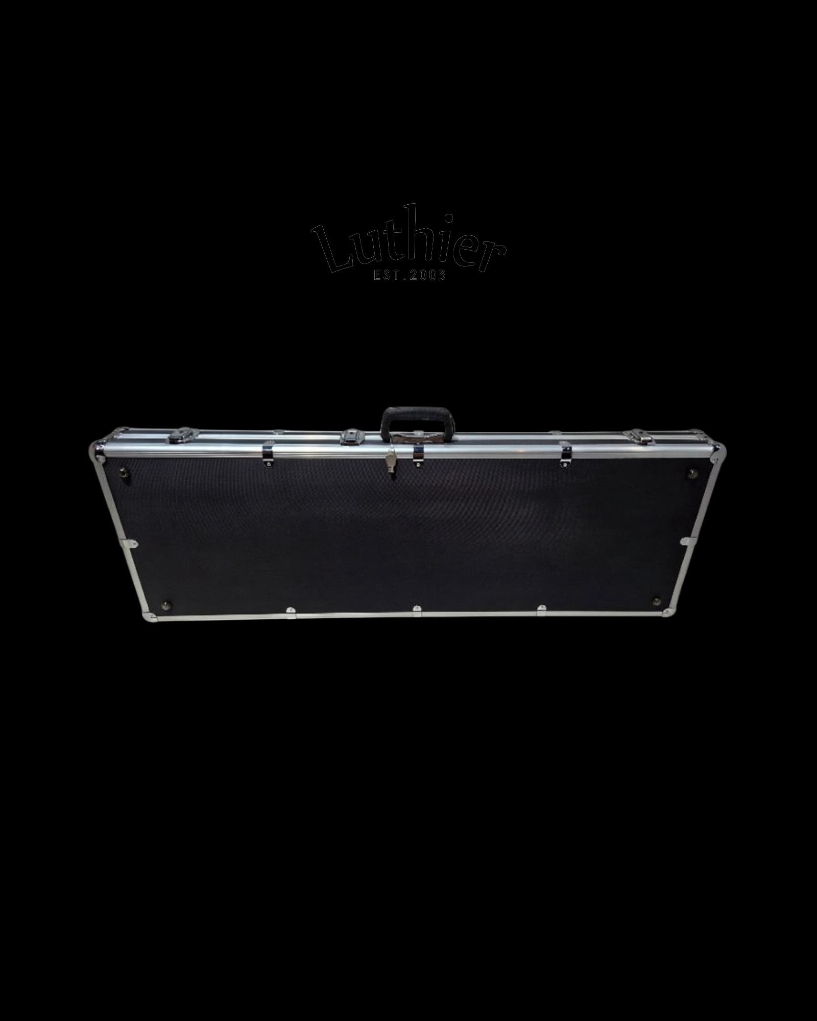A black durable ABS / Aluminium Frames Rectangular Electric guitar hard case with aluminium / chrome metal trim and handle, shown against a solid black background with a brand 'Luthier Est. 2023' watermark above it.