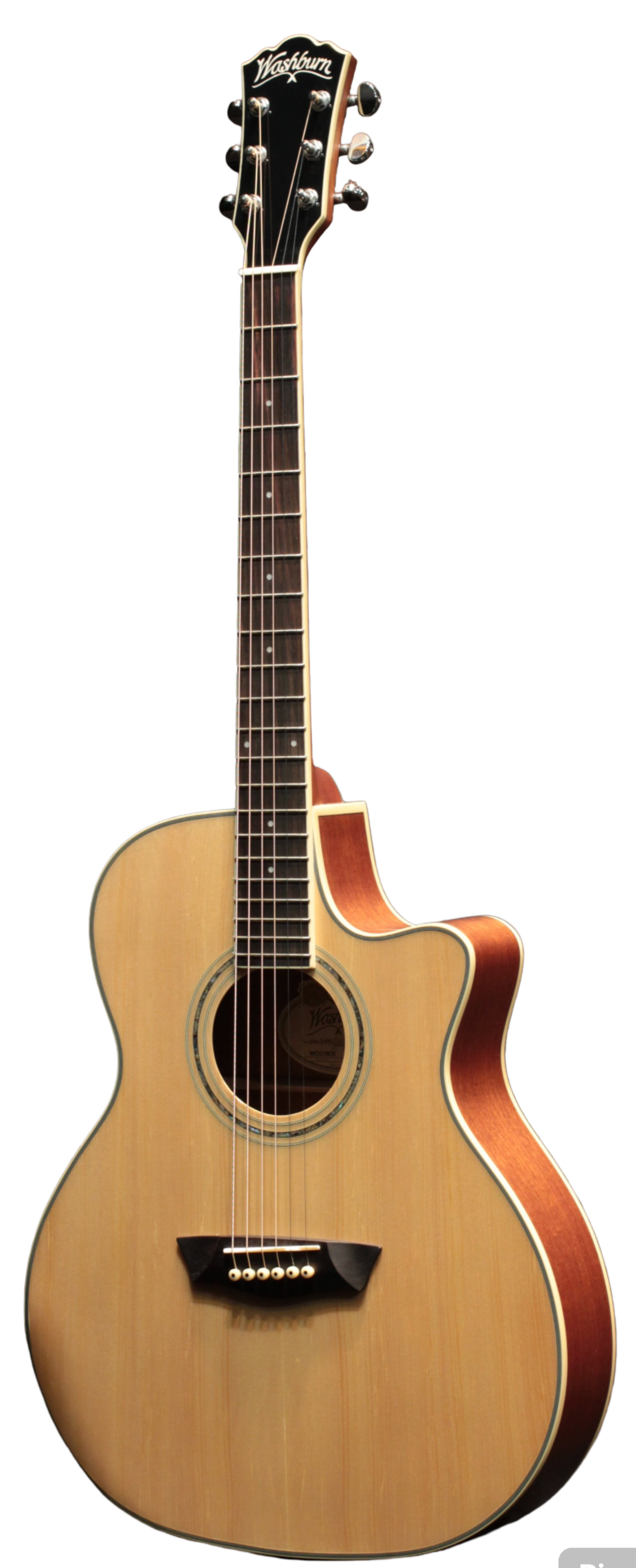 Washburn WCG18CE acoustic-electric grand auditorium guitar with cutaway, beveled lower bout, natural finish.