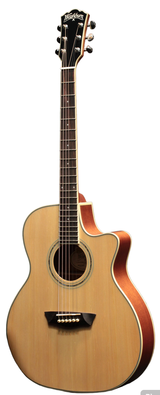 Washburn WCG18CE acoustic-electric grand auditorium guitar with cutaway, beveled lower bout, natural finish.
