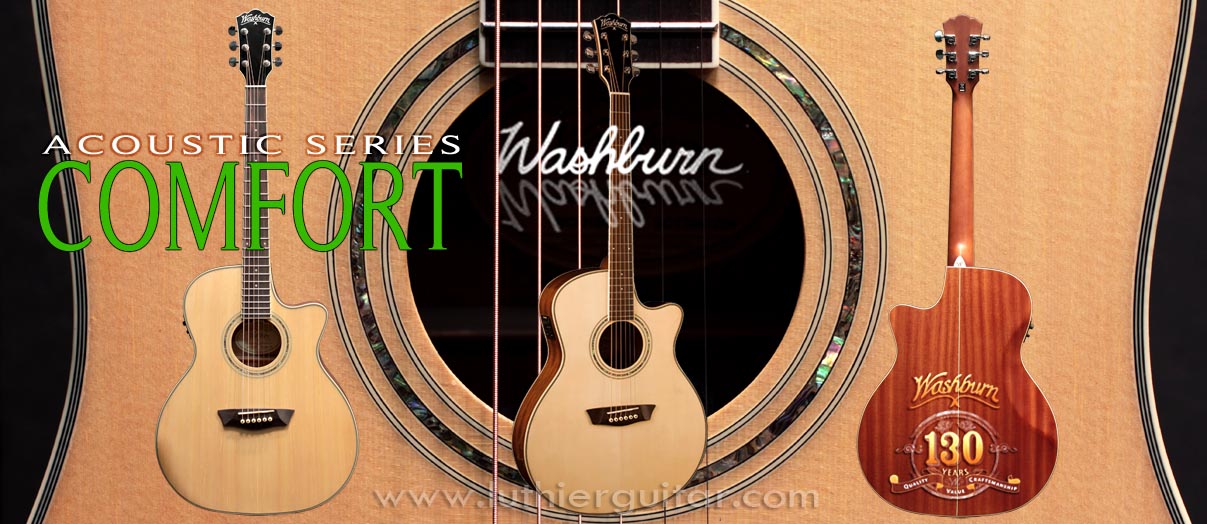 Washburn WCG18CE Comfort Series grand auditorium acoustic/electric guitar with beveled lower bout and back belly cut.