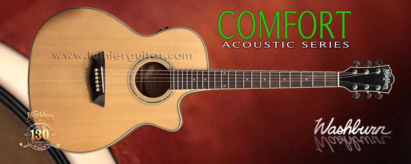 Washburn WCG18CE Comfort Series grand auditorium acoustic-electric guitar with beveled lower bout and back belly cut.